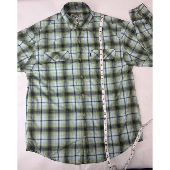Duluth Trading Conpany Plaid Button Shirt Green Blue Locker Loop Tabbed Medium - Picture 4 of 9